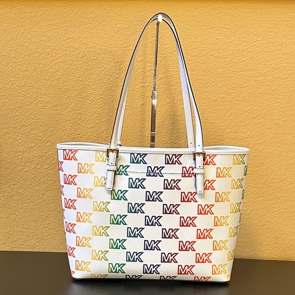 Michael Kors Jet Set Travel Medium Carryall Shoulder Tote Bag MK Rainbow White - Picture 2 of 13